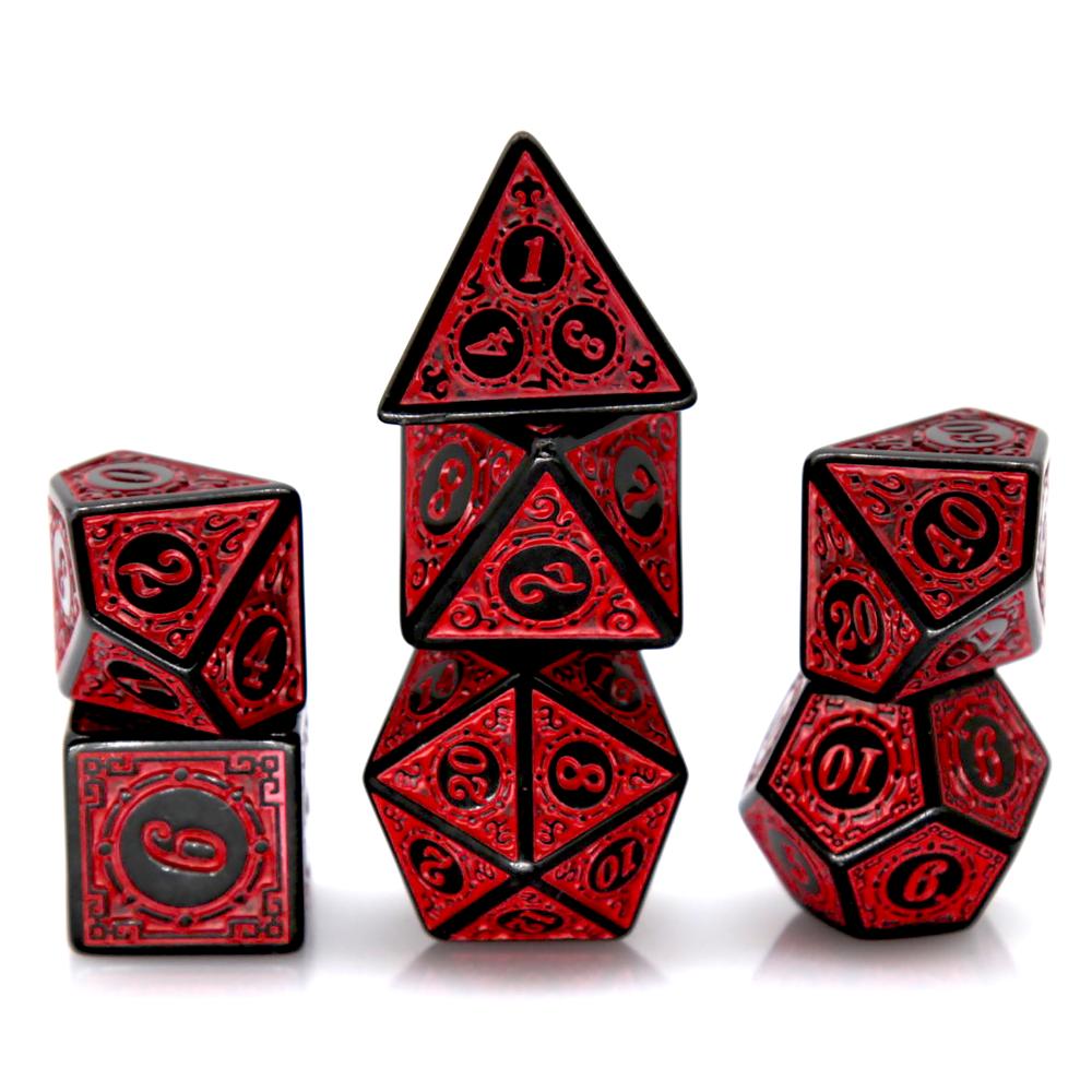 Board Game Live - 7 ชิ้นสีดำสีแดงอะคริลิคโพลีเฮดรัลชุดลูกเต๋ารูปแบบย้อนยุค DND RPG ลูกเต๋าสำหรับเกมกระดานเล่นตามบทบาทบนโต๊ะอุปกรณ์เสริม